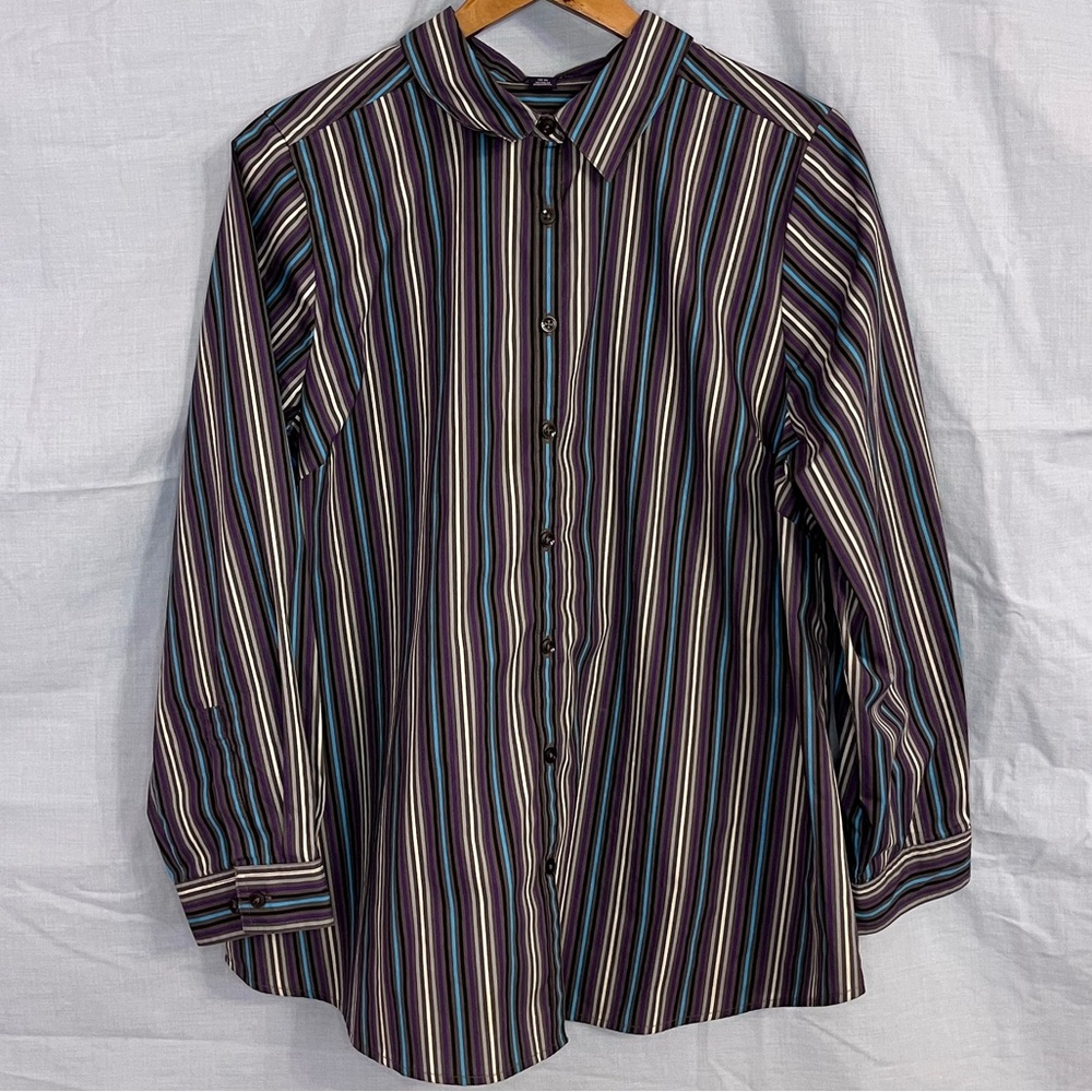 Roaman’s Purple, Gray, Blue, Black & White Vertical Stripe Button Down -Size 18W